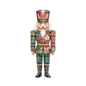 May include: A nutcracker figurine featuring a red and green uniform decorated with floral patterns, including poinsettias and holly leaves. The figure wears a tall red hat with a white feather, gold epaulets, and black boots with gold laces.