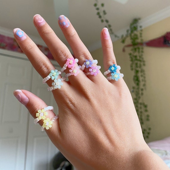 Seed Bead Rings Pastel Daisy Band Rings Band Rings Etsy