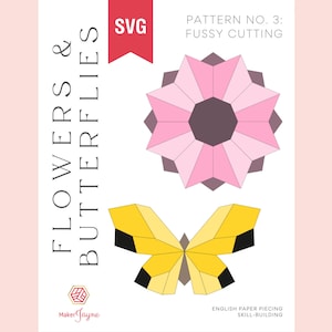 Puede incluir: Una descarga digital de un patrón para cortar a capricho un diseño de flor y mariposa. El patrón está etiquetado como "Flowers & Butterflies" y "Pattern No. 3: Fussy Cutting".