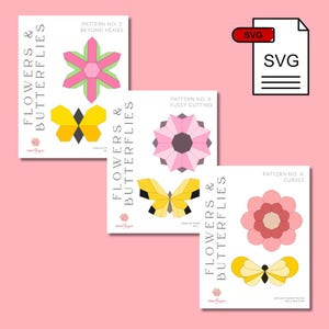 May include: Three white cards with geometric flower and butterfly designs. The cards have the text "FLOWERS & BUTTERFLIES" and "SVG" file icon. The designs include pink, yellow, and black elements.
