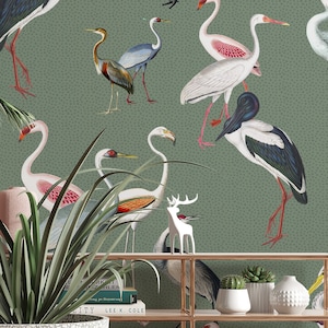 Chinoiserie Herons Wallpaper | Birds Mural, Removable, Eco Friendly #3223