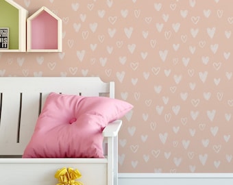 Whimsical pink wallpaper with heart - Peel and Stick wallpaper - Traditional wallpaper design #3055