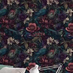 Dark wallpaper, birds - Peel and Stick wallpaper, Traditional wallpaper design #3684