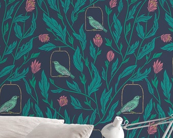 Floral wallpaper, birds Wallcovering - Peel and Stick Wallpaper - Removable Self Adhesive Wallpaper design #3201
