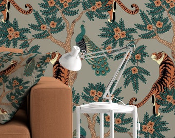 Tiger and Peacock in woods on gray background wall decor Peel and Stick removable wallpaper 3147