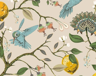 Hummingbird Paradise Wallpaper beige background - Removable wallpaper - Vinyl Peel and Stick Wallpaper design #3284