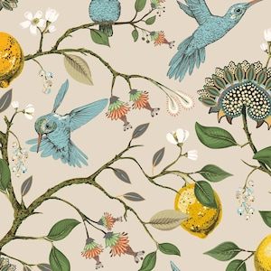 Hummingbird Paradise Accent Wallpaper beige background - Removable wallpaper - Vinyl Peel and Stick Wallpaper design #3284