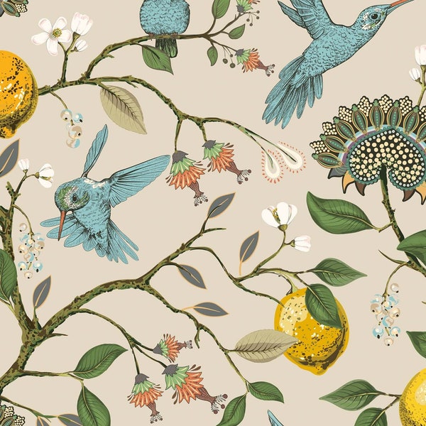 Tropical Mural Wallpaper | Beige Hummingbird Paradise main image 1