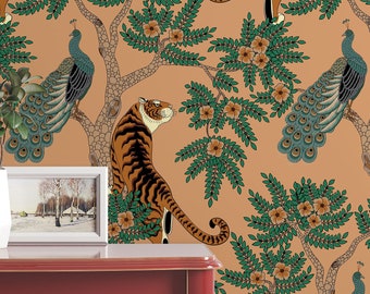 Tiger and Peacock in the woods animals wall decor Peel and Stick removable wallpaper traditional 3183