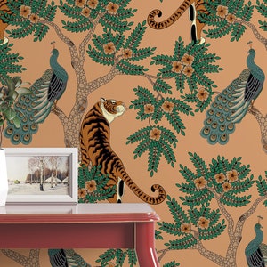 Tiger and Peacock in the woods animals wall decor Peel and Stick removable wallpaper traditional 3183