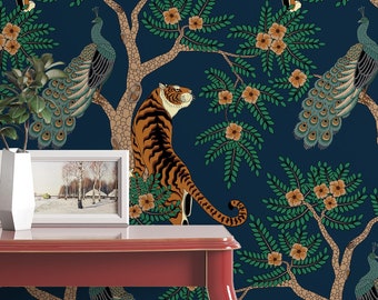 Tiger and Peacock in the woods animals wall decor Peel and Stick removable wallpaper 3146
