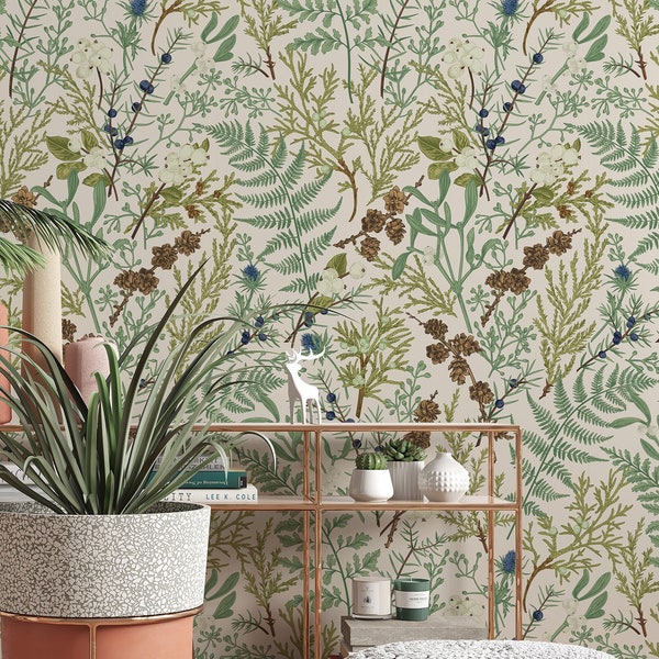 Removable and Renter Friendly, Fern Botanical Wallpaper, Peel and Stick and Traditional Wallpaper, Leaves Wall Art, Self Adhesive 3453