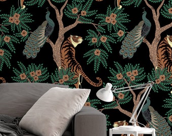 Tiger and Peacock in the woods on the black background animals wall decor Peel and Stick removable wallpaper 3212