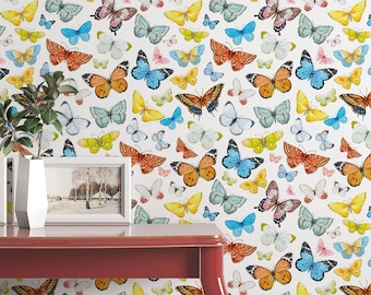 Removable wallpaper, Peel and stick wallpaper, watercolor colorful Butterflies Self Adhesive pattern wallpaper #3257
