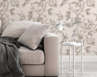 Hummingbird Paradise light gray on beige Background boho Wallpaper - Removable wallpaper - Vinyl Peel and Stick Wall design 3134