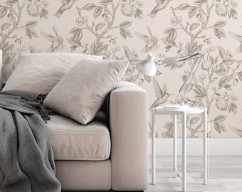 Hummingbird Paradise light gray on beige Background boho Wallpaper - Removable wallpaper - Vinyl Peel and Stick Wall design 3134