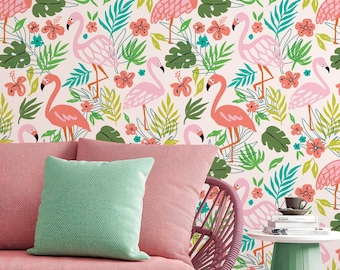 Tropical wallpaper with pink flamingo,tropical leaves, monstera leaves, jungle wall mural, peel and stick wallpaper, wall decor design#3100