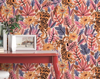 Tropical Tigers in the Woods  - Fabric Peel & Stick Wallpaper - Removable Self Adhesive Wallpaper #3096