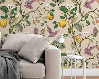 Hummingbird Paradise Wallpaper, tropical - Removable wallpaper - Vinyl Peel and Stick Wallpaper design #3083