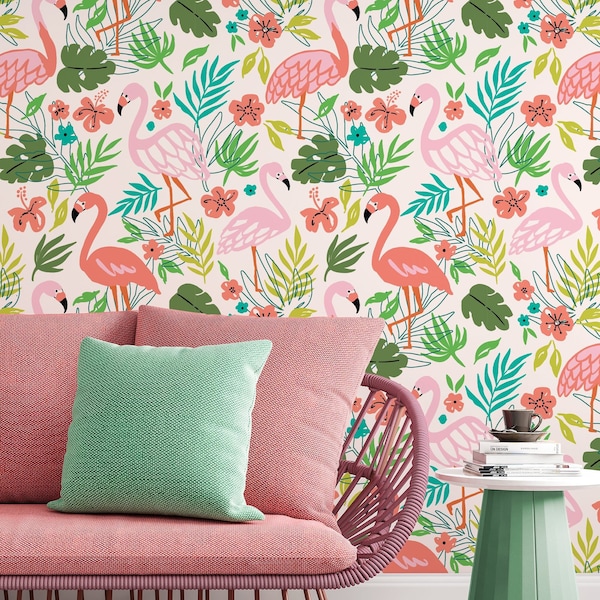 Tropical wallpaper with pink flamingo,tropical leaves, monstera leaves, jungle wall mural, peel and stick wallpaper, wall decor design#3100