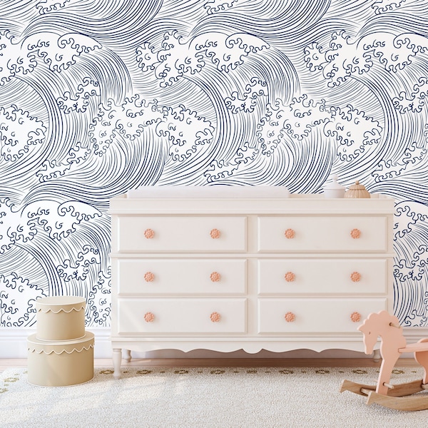 Japanese Ocean Waves Wallpaper White Swirl - Removable Self Adhesive pattern wallpaper #3248