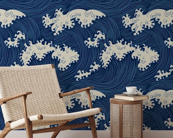 Ocean Waves Wallpaper Beige waves on blue background - Removable Self Adhesive pattern wallpaper 3625