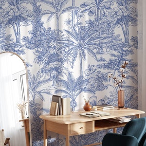 Blue palms trees pattern, peel and stick wallpaper, exotic wall decor design #3251