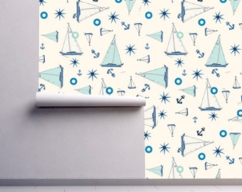Blue Sailboat Vinyl Peel and Stick Wallpaper, Nautical Nursery Decor (#3023)