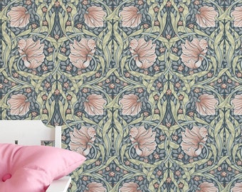 William Morris light pink flowers  -  Peel and Stick - Traditional Wallpaper #3542