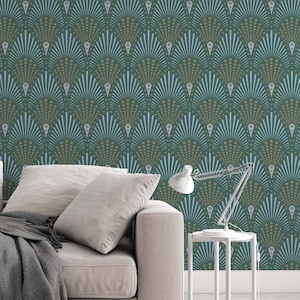 Art Deco green and bronze Self Adhesive Traditional and Peel and Stick Wallpaper #3270