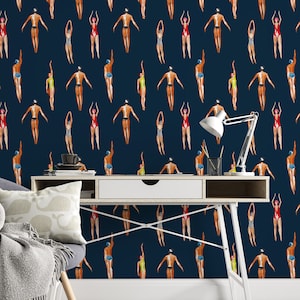 Swimmers Retro Wallpaper Navy Blue Background - Peel & Stick Wallpaper - Removable Self Adhesive and Traditional wallpaper #3448 image 8