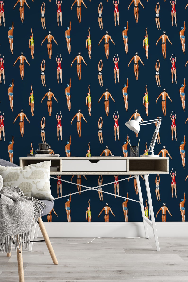 Swimmers Retro Wallpaper Navy Blue Background - Peel & Stick Wallpaper - Removable Self Adhesive and Traditional wallpaper #3448 image 8