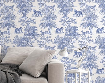 Blue tigers and deer on a white background tropical pattern, peel and stick wallpaper, wall decor design#3266