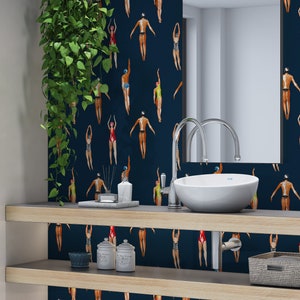 Swimmers Retro Wallpaper Navy Blue Background - Peel & Stick Wallpaper - Removable Self Adhesive and Traditional wallpaper #3448 image 9