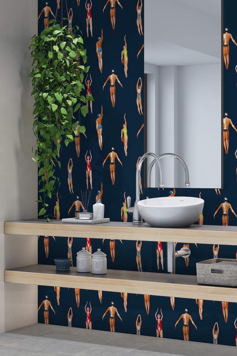 Swimmers Retro Wallpaper Navy Blue Background - Peel & Stick Wallpaper - Removable Self Adhesive and Traditional wallpaper #3448 image 9