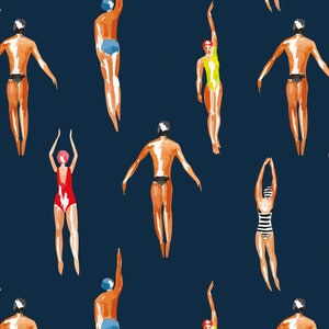 Swimmers Retro Wallpaper Navy Blue Background - Peel & Stick Wallpaper - Removable Self Adhesive and Traditional wallpaper #3448 image 1