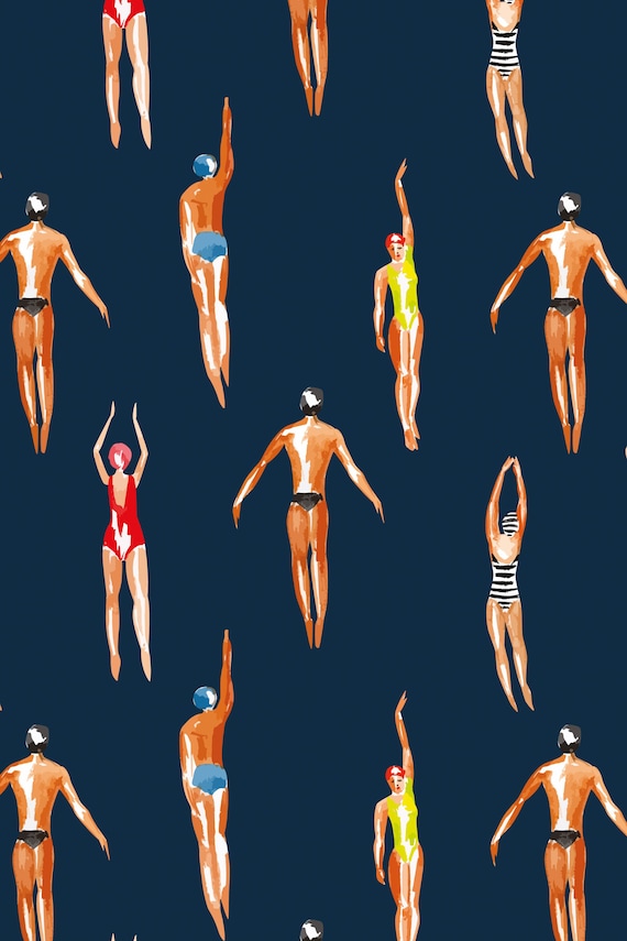 Swimmers Retro Wallpaper Navy Blue Background - Peel & Stick Wallpaper - Removable Self Adhesive and Traditional wallpaper #3448
