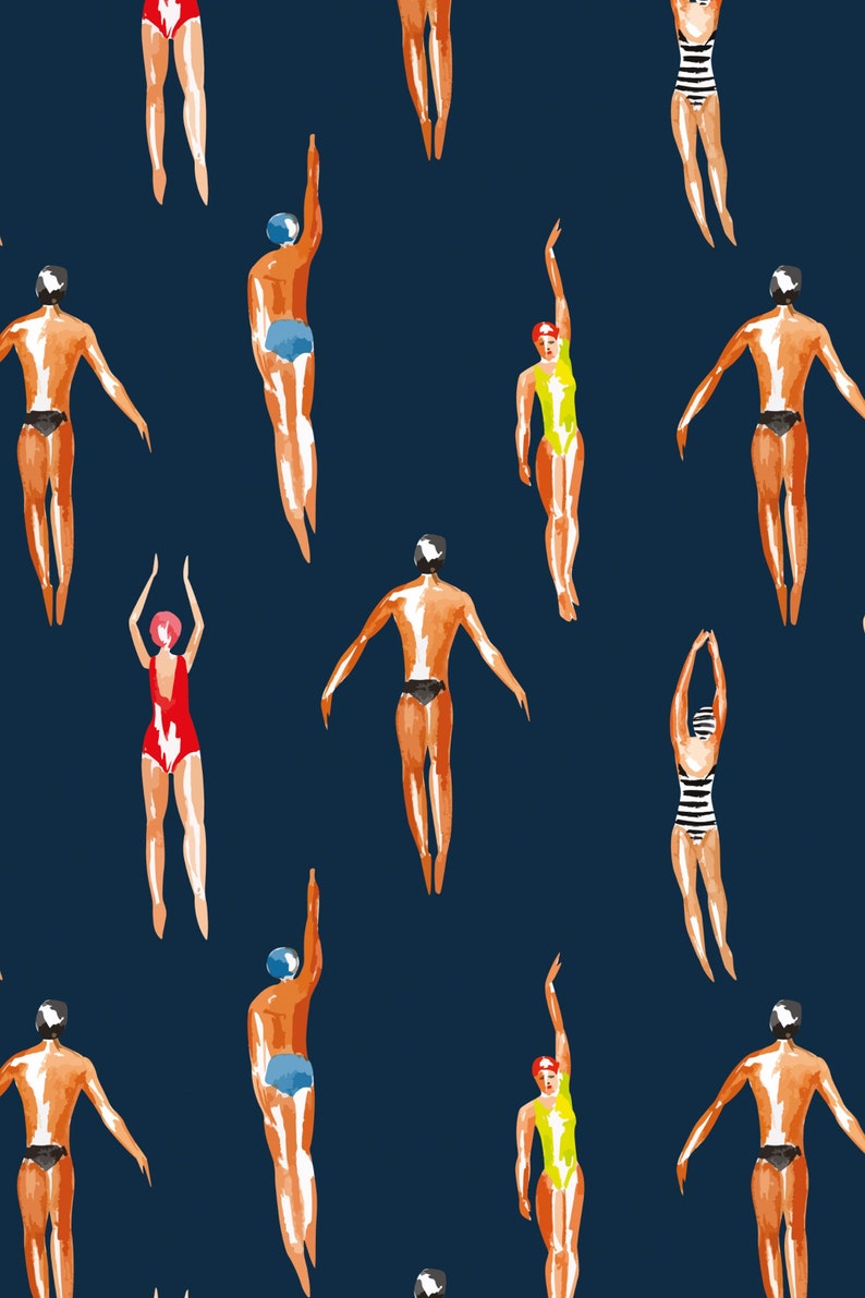 Swimmers Retro Wallpaper Navy Blue Background - Peel & Stick Wallpaper - Removable Self Adhesive and Traditional wallpaper #3448 image 1