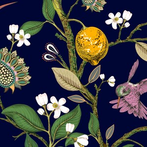 May include: A seamless pattern featuring a stylized lemon tree with yellow lemons, white flowers, and a hummingbird on a dark blue background.
