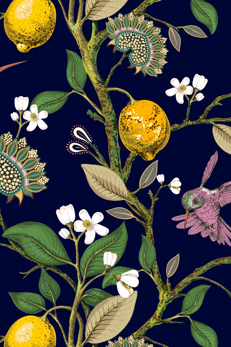May include: A seamless pattern featuring a stylized lemon tree with yellow lemons, white flowers, and a hummingbird on a dark blue background.