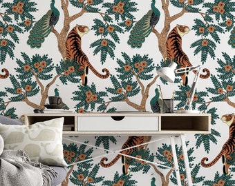 Wallpaper Peel and Stick- Traditional wallpaper - Tiger and Peacock in the woods 3145