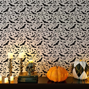 Halloween wallpaper spooky black bats on white Peel and Stick, pre-pasted Removable Halloween wall decor design #3177
