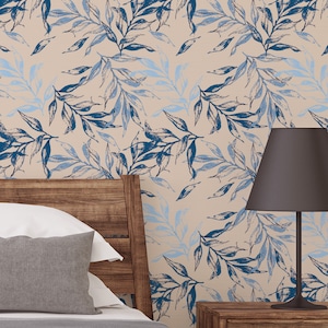 Abstract wallpaper leaves on Beige Background Removable Self Adhesive  - Removable wallpaper - Vinyl Peel and Stick Wall design#3322