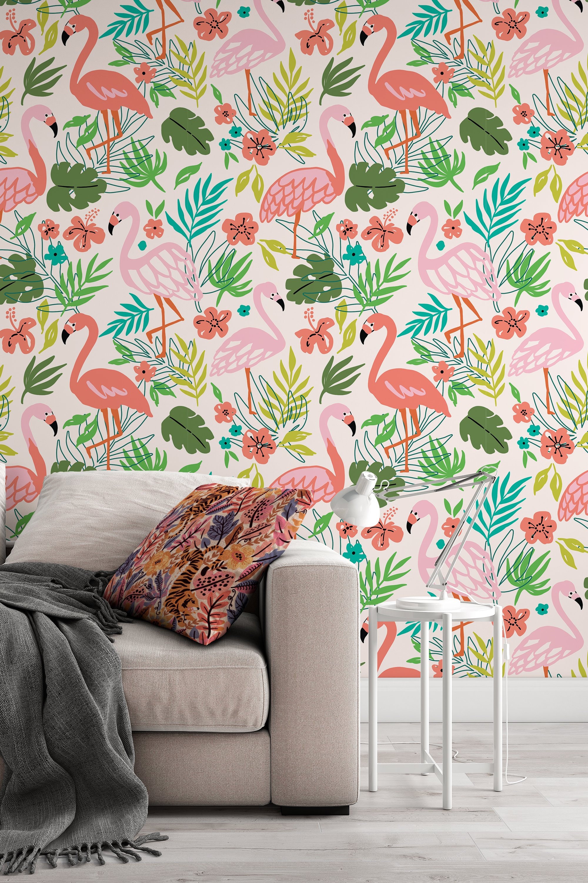 Tropical Wallpaper With Pink Flamingotropical Leaves | Etsy