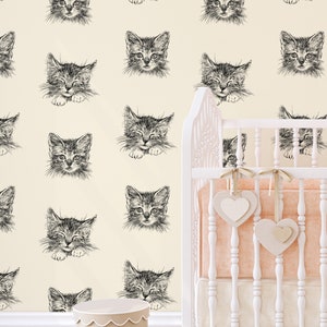 Cats faces, animals  - Fabric Peel & Stick Wallpaper - Removable Self Adhesive - Traditional wallpaper #53313