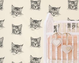 Cats faces, animals  - Fabric Peel & Stick Wallpaper - Removable Self Adhesive - Traditional wallpaper #53313