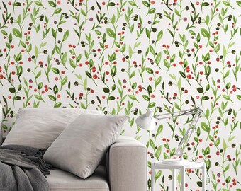 Mixed herbs and berries, botanical design Peel & Stick wallpaper - Removable Self Adhesive and traditional wallpaper #3273