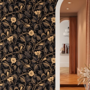 Botanical wallpaper,  flowers and leaves on dark, Peel and stick wallpaper and Traditional murals #3417