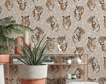 Tiger on the biege background - Peel & Stick Wallpaper - Removable Self Adhesive #3281