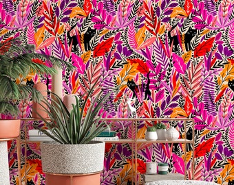 Cats in the colorful grass, scandinavian  - Peel & Stick - traditional non-woven Wallpaper - Removable Self Adhesive Wallpaper design #3200